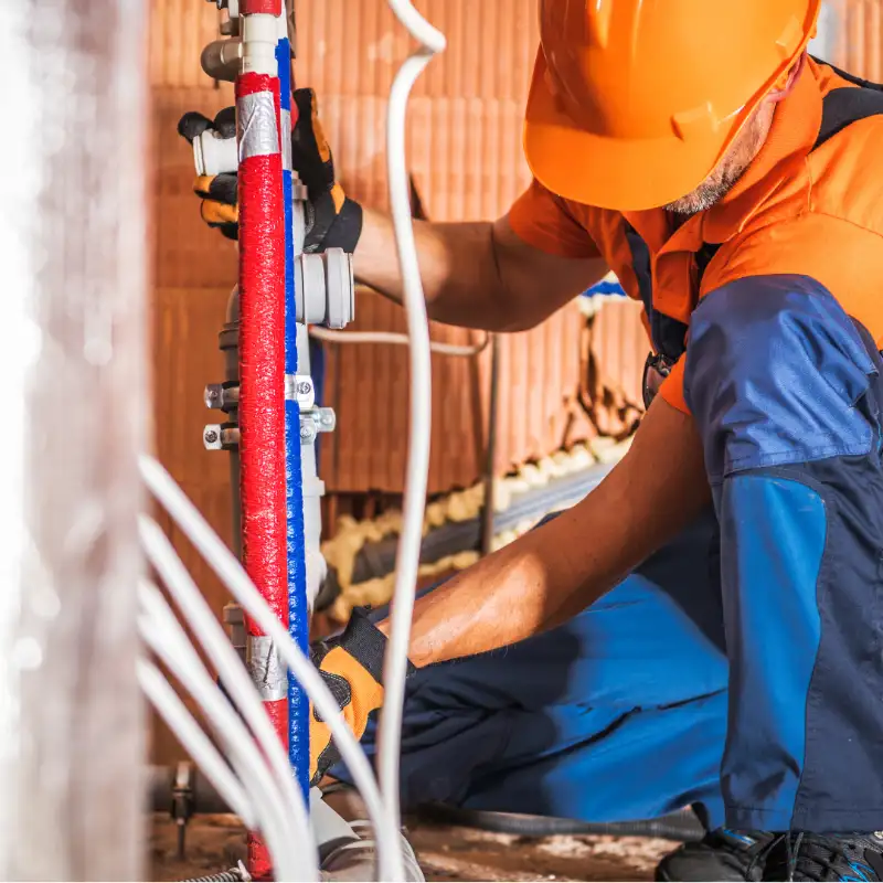 Plumber installing red and blue PEX water lines in a wall